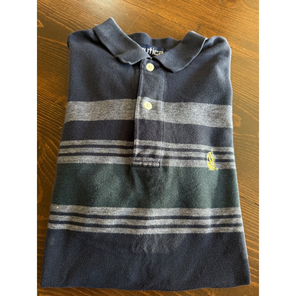 VTG Nautica Mens Striped Polo Shirt Navy Blue Green Grey‎ Cotton Pique Size M